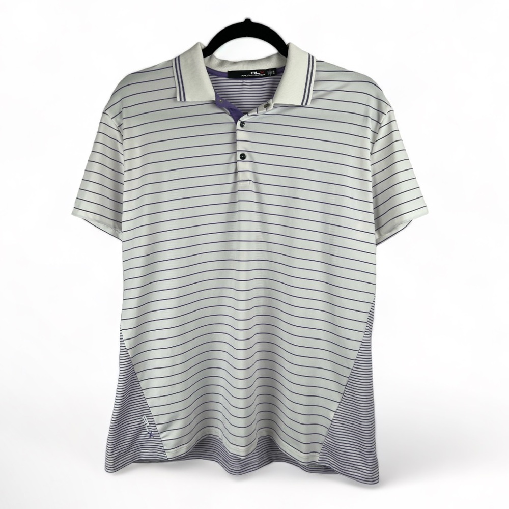 RLX Ralph Lauren Men’s Purple White Striped Short Sleeve Golf‎ Polo Shirt Sz XL